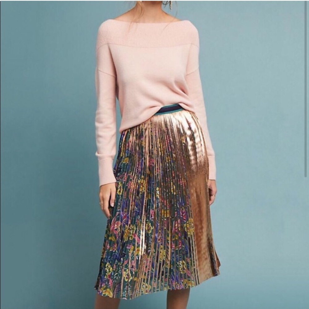 {Maeve by Anthropologie} Metallic Pleated Midi Skirt | Floral Printed Panel ~ 2 - Picture 3 of 16